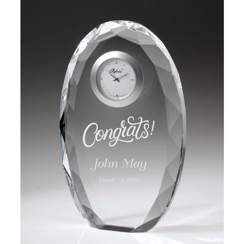 Engraved Faceted Oval Crystal Clock ~ Scholar - Personalized Engraved Gifts