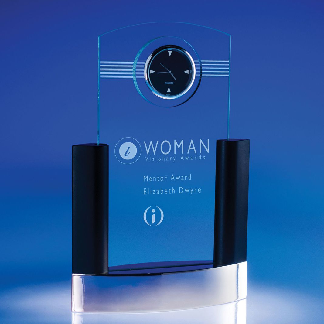 Engraved Glass and Steel Desktop Award Clock - Personalized Engraved Gifts