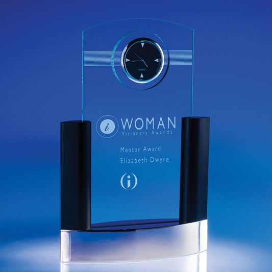 Engraved Glass and Steel Desktop Award Clock - Personalized Engraved Gifts