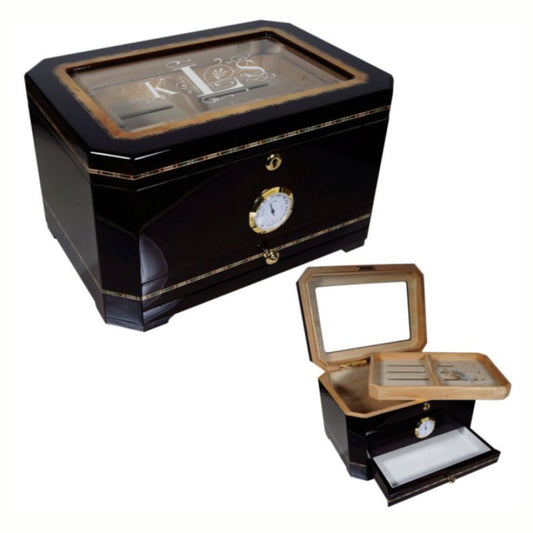 Engraved Glasstop Black Humidor ~ Sumatra - Personalized Engraved Gifts