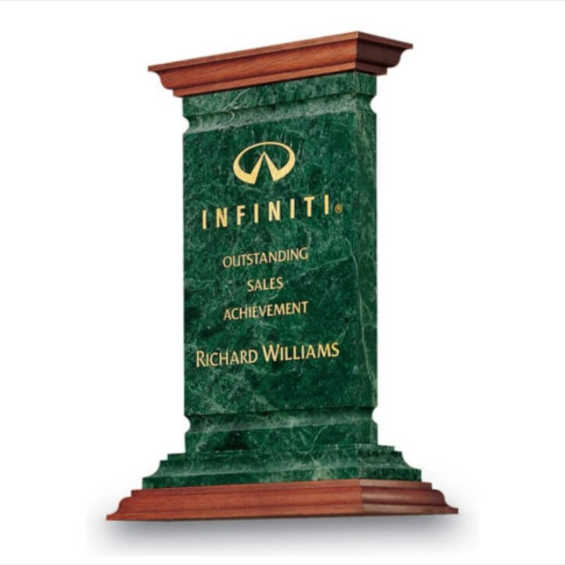 Engraved Green Marble Majestic Award with Wood Trim - Personalized Engraved Gifts