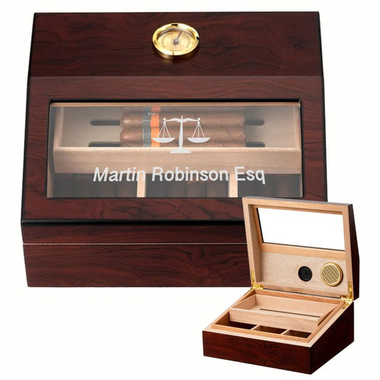 Engraved Dark Wood Humidor with Glass Top  ~ Havana - Personalized Engraved Gifts