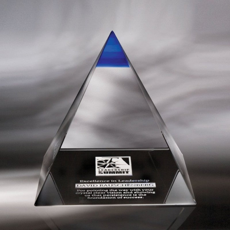 Engraved Majestic Crystal Pyramid with Blue Summit - Personalized Engraved Gifts