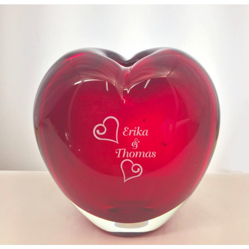 Engraved Red Heart Shaped Art Glass Vase ~ Rojo - Personalized Engraved Gifts