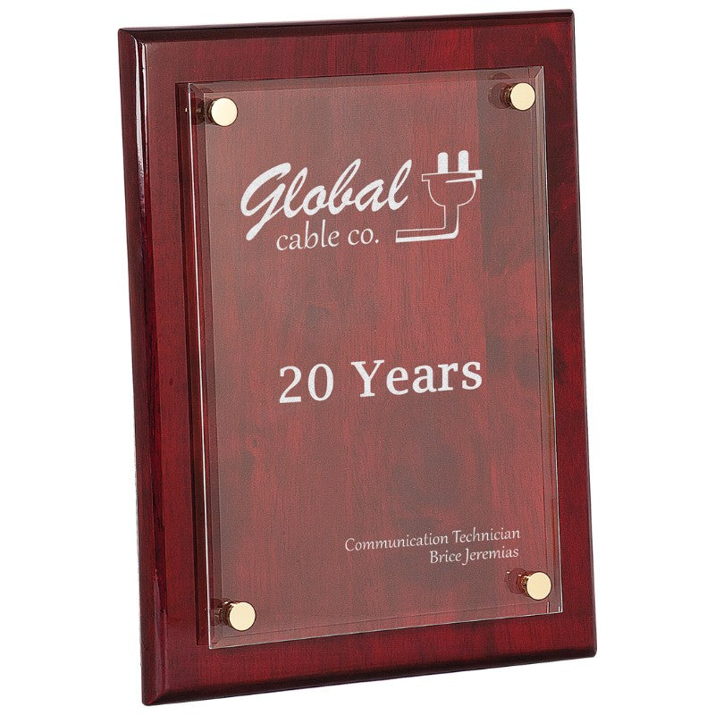 Engraved Rosewood Piano Finish Plaque with Floating Glass - Personalized Engraved Gifts