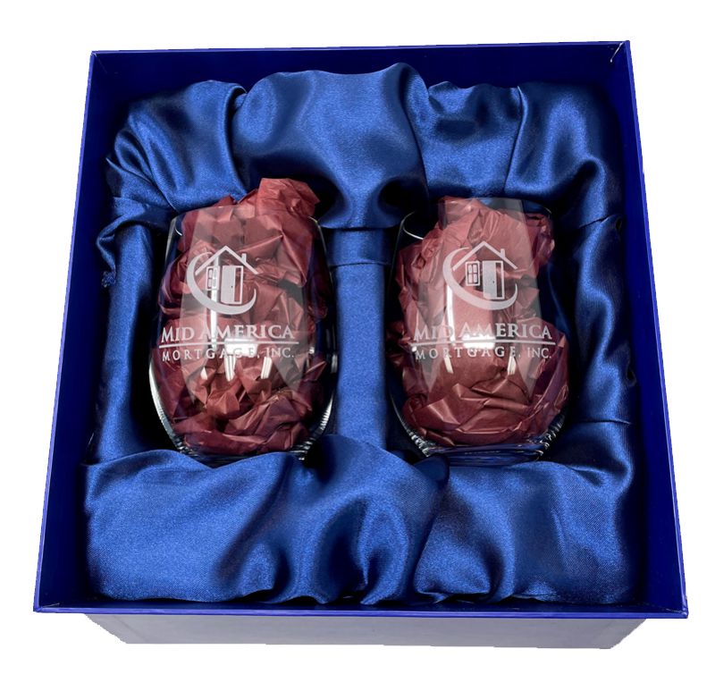 Set of 2 Stemless Wine Glasses with Satin Lined Gift Box - The Vanguard - Personalized Engraved Gifts