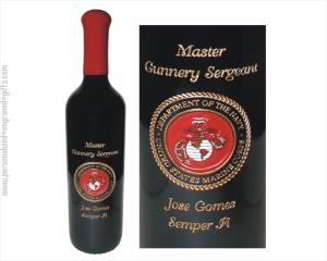 Hand Painted Wine Bottle with Marine Insignia - Personalized Engraved Gifts