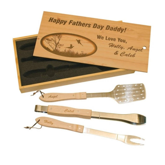 Engraved Wooden Barbecue Set with Sliding Lid - Personalized Engraved Gifts