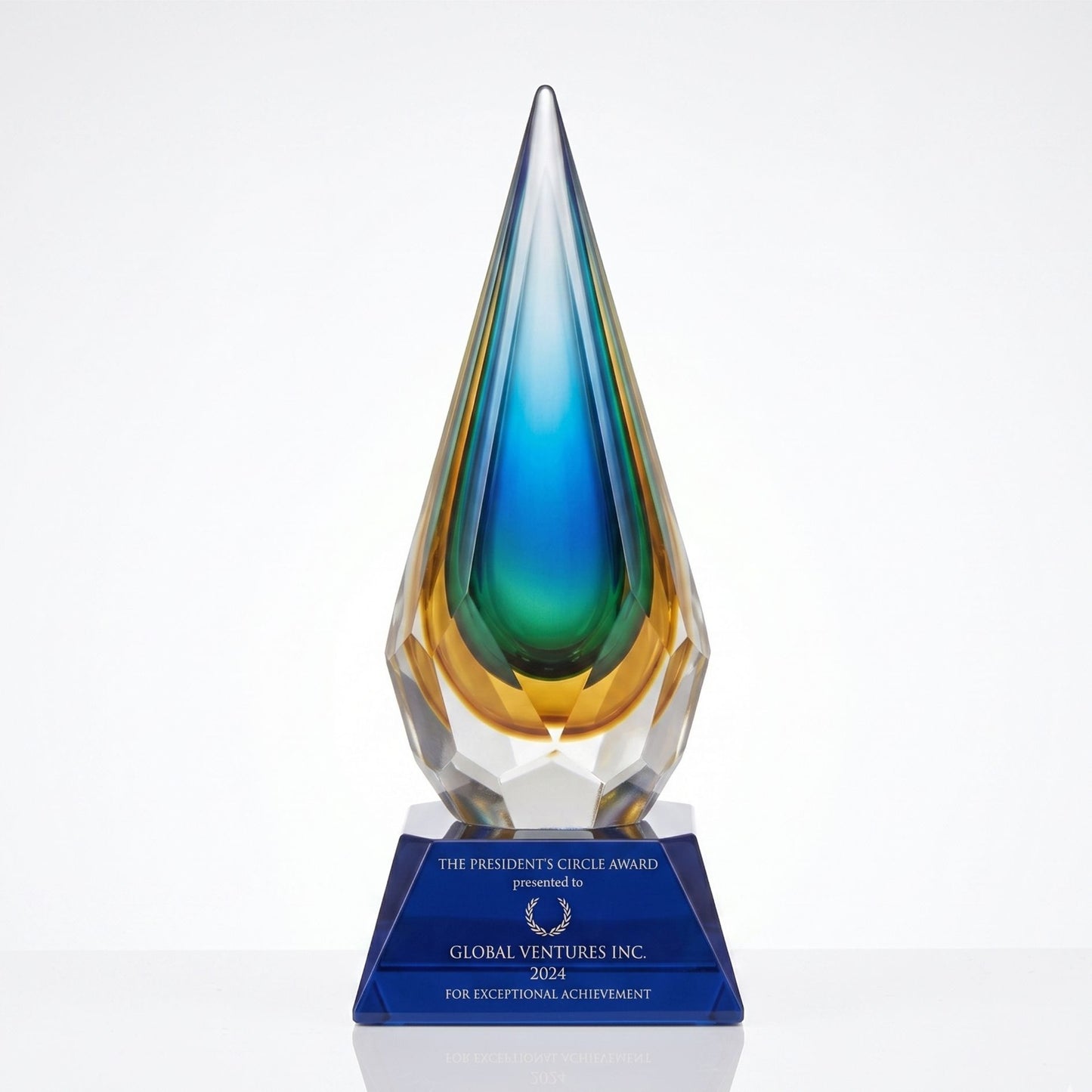 Glass award with blue and green gradient on a white background