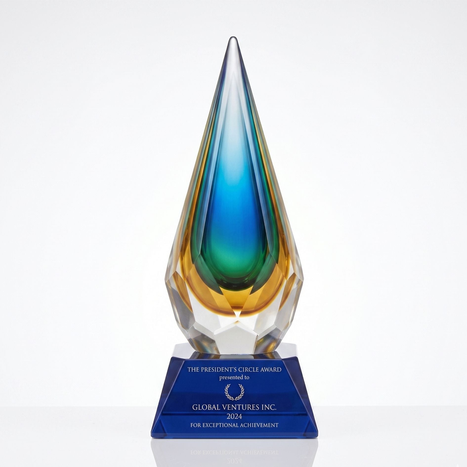 Glass award with blue and green gradient on a white background