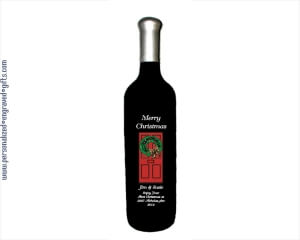 Personalized Wine Bottles - Christmas Wreath on Door - Personalized Engraved Gifts