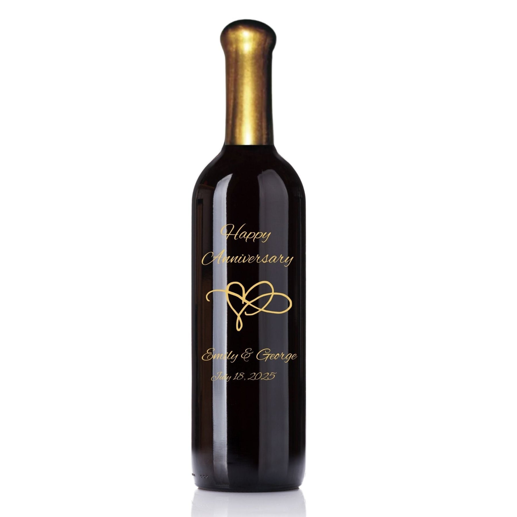 engraved Wine bottle with 'Happy Anniversary Emily & George' on a white background
