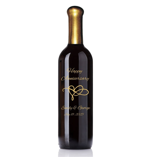 engraved Wine bottle with 'Happy Anniversary Emily & George' on a white background