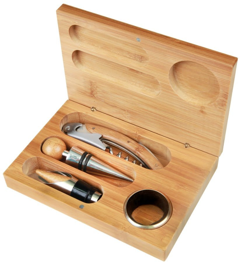 Laser Engraved Bamboo Wine Opener and Stopper 4-Piece Gift Set - Personalized Engraved Gifts