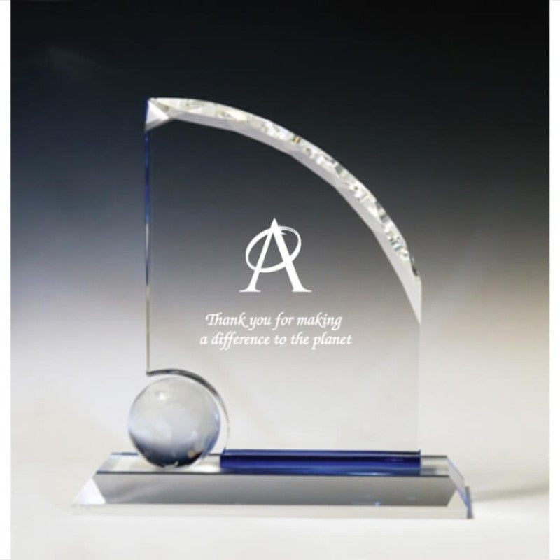 Etched Crystal Globe Award with Blue Crystal Accent - Personalized Engraved Gifts