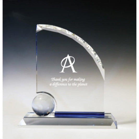 Etched Crystal Globe Award with Blue Crystal Accent - Personalized Engraved Gifts