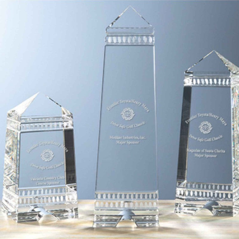 Etched Crystal Greek Styled Obelisk Awards - Personalized Engraved Gifts