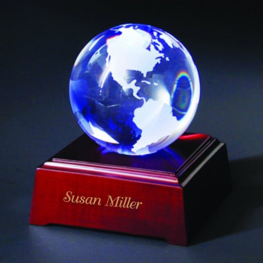 Etched Crystal World on LED lighted Wooden Base - Personalized Engraved Gifts