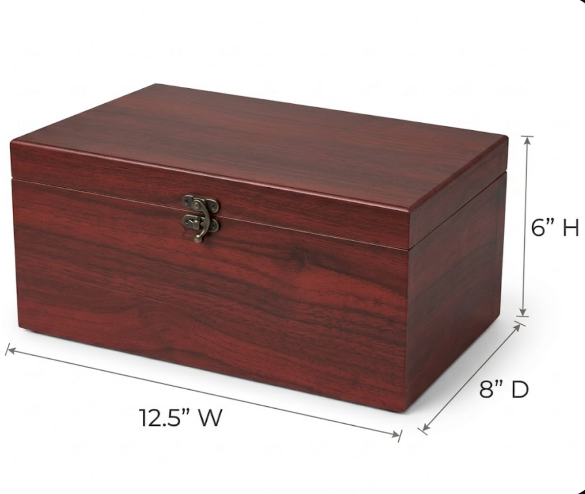 Closed reddish-brown wooden keepsake box with metal latch and exterior dimensions