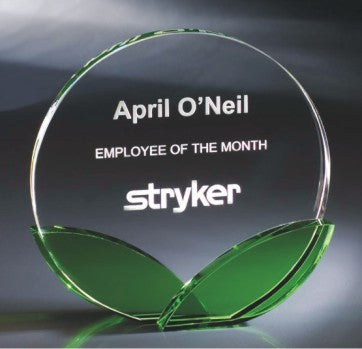 Engraved Green Leaf Optic Crystal Circle Awards - Personalized Engraved Gifts