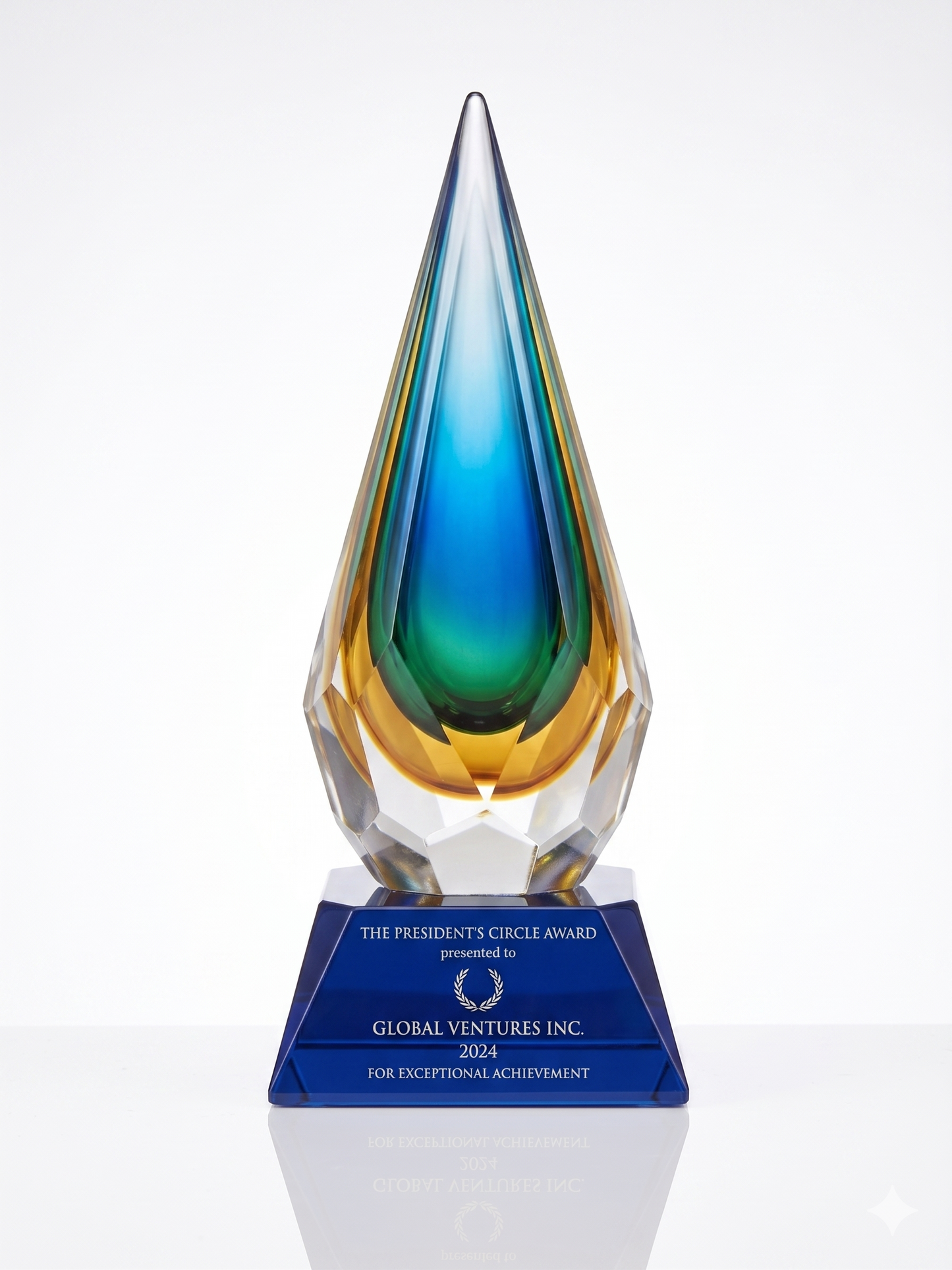 Récompense en verre artistique gravée en forme de goutte de pluie en cristal bleu sur base noire