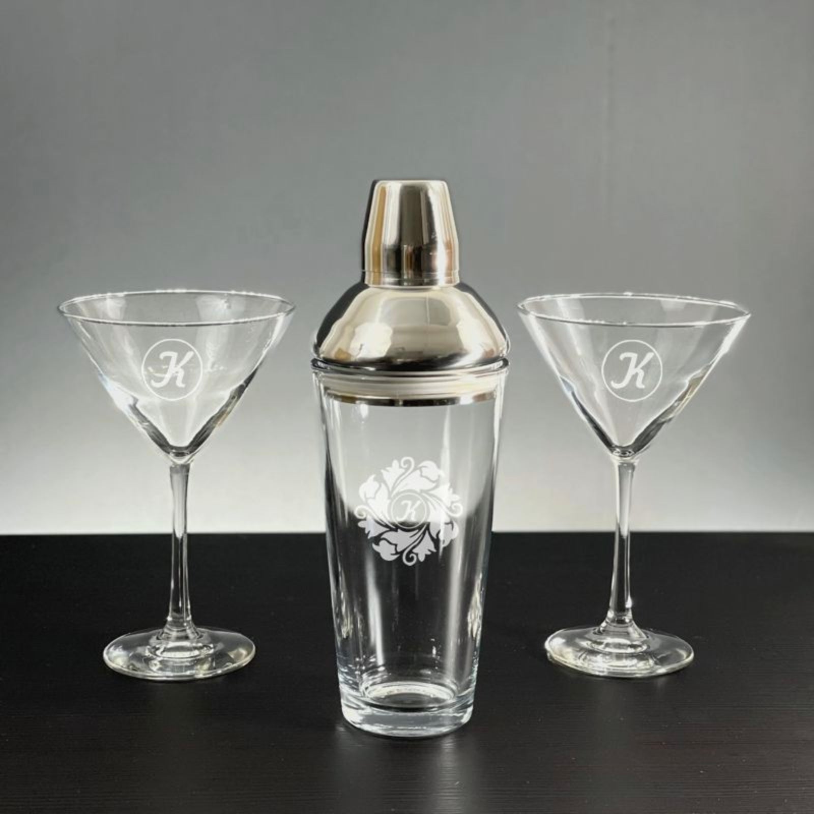 Engraved Jazz Glass Martini Shaker with 2 Personalized Stemmed Martini Glasses - Personalized Engraved Gifts