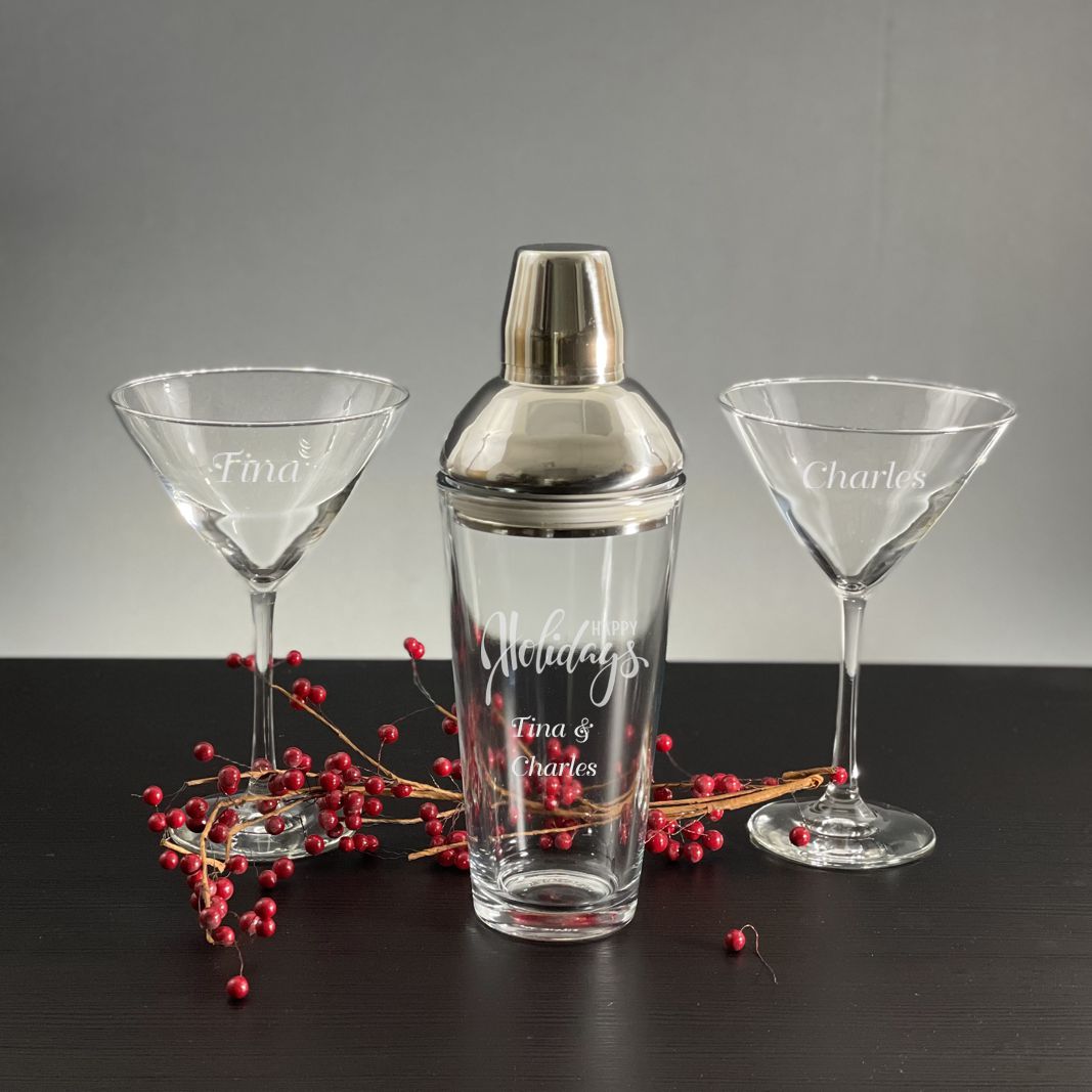 Holiday Jazz Glass Martini Shaker with 2 Stemmed Cocktail Glasses - Personalized Engraved Gifts
