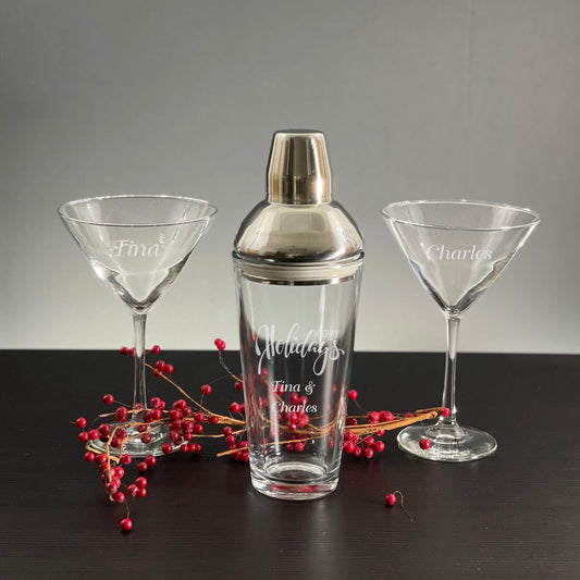 Holiday Jazz Glass Martini Shaker with 2 Stemmed Cocktail Glasses - Personalized Engraved Gifts