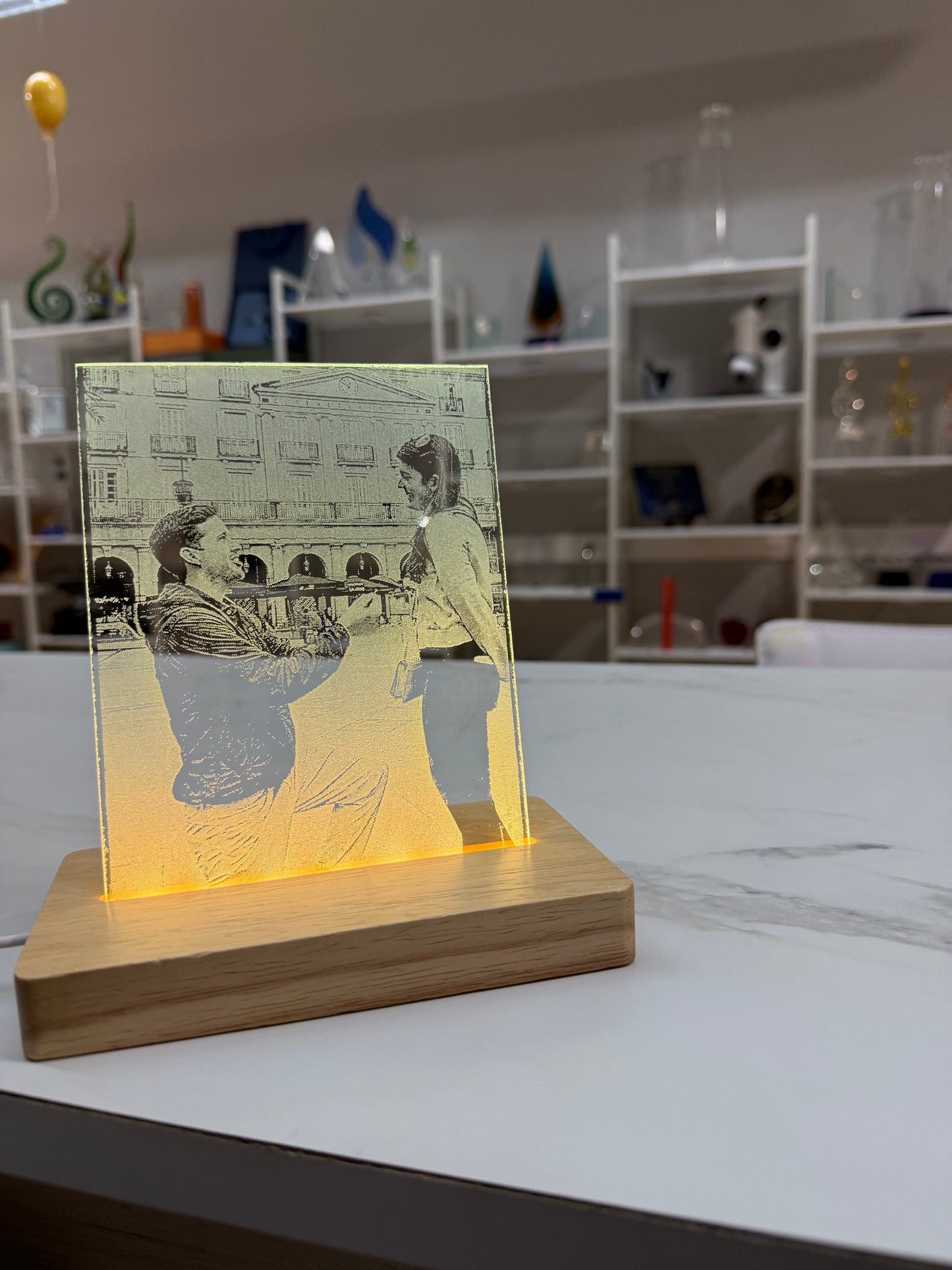 Personalized LED Lighted Photo Engraved Glass Plate with Wooden Base