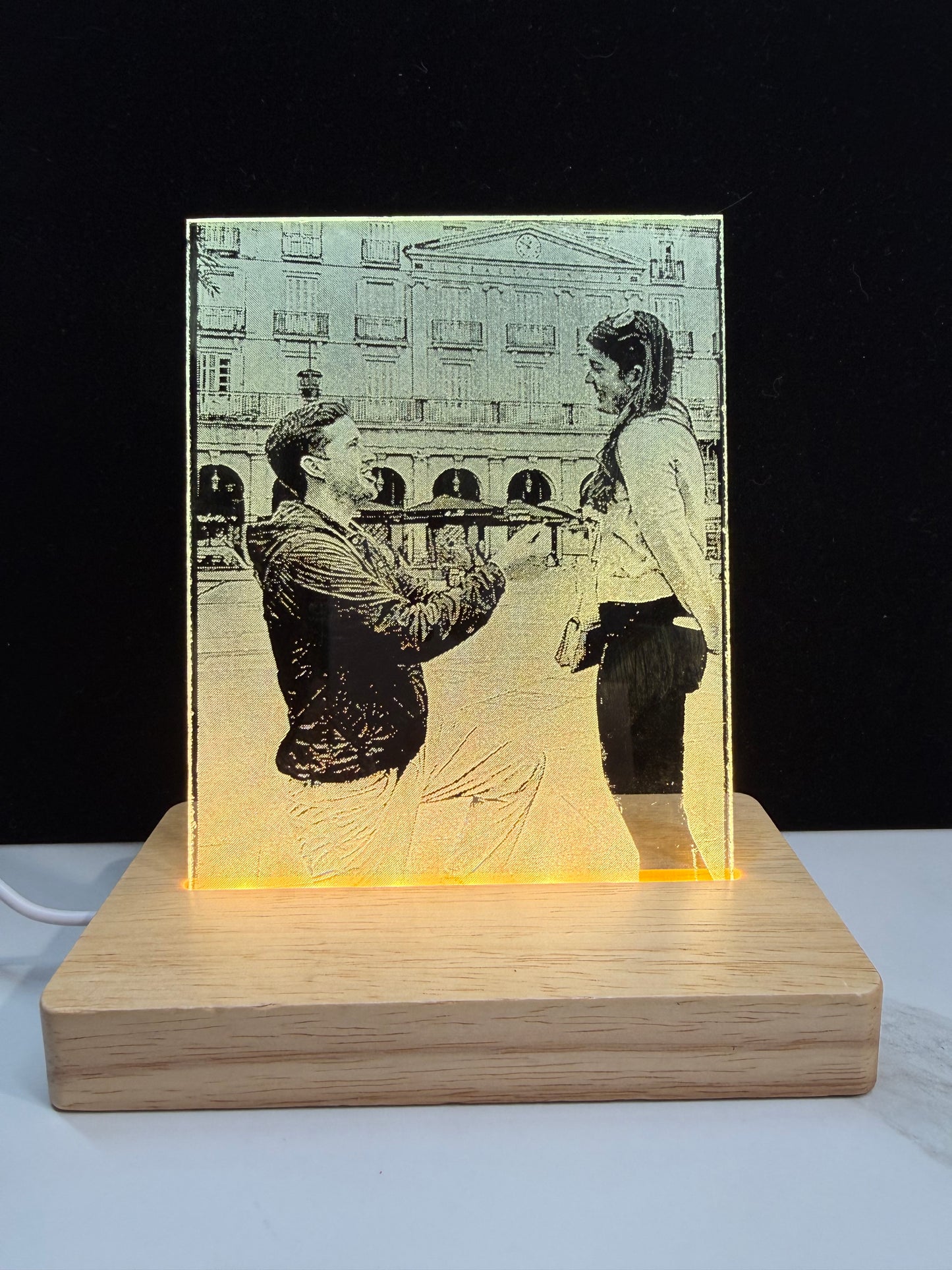 Personalized LED Lighted Photo Engraved Glass Plate with Wooden Base