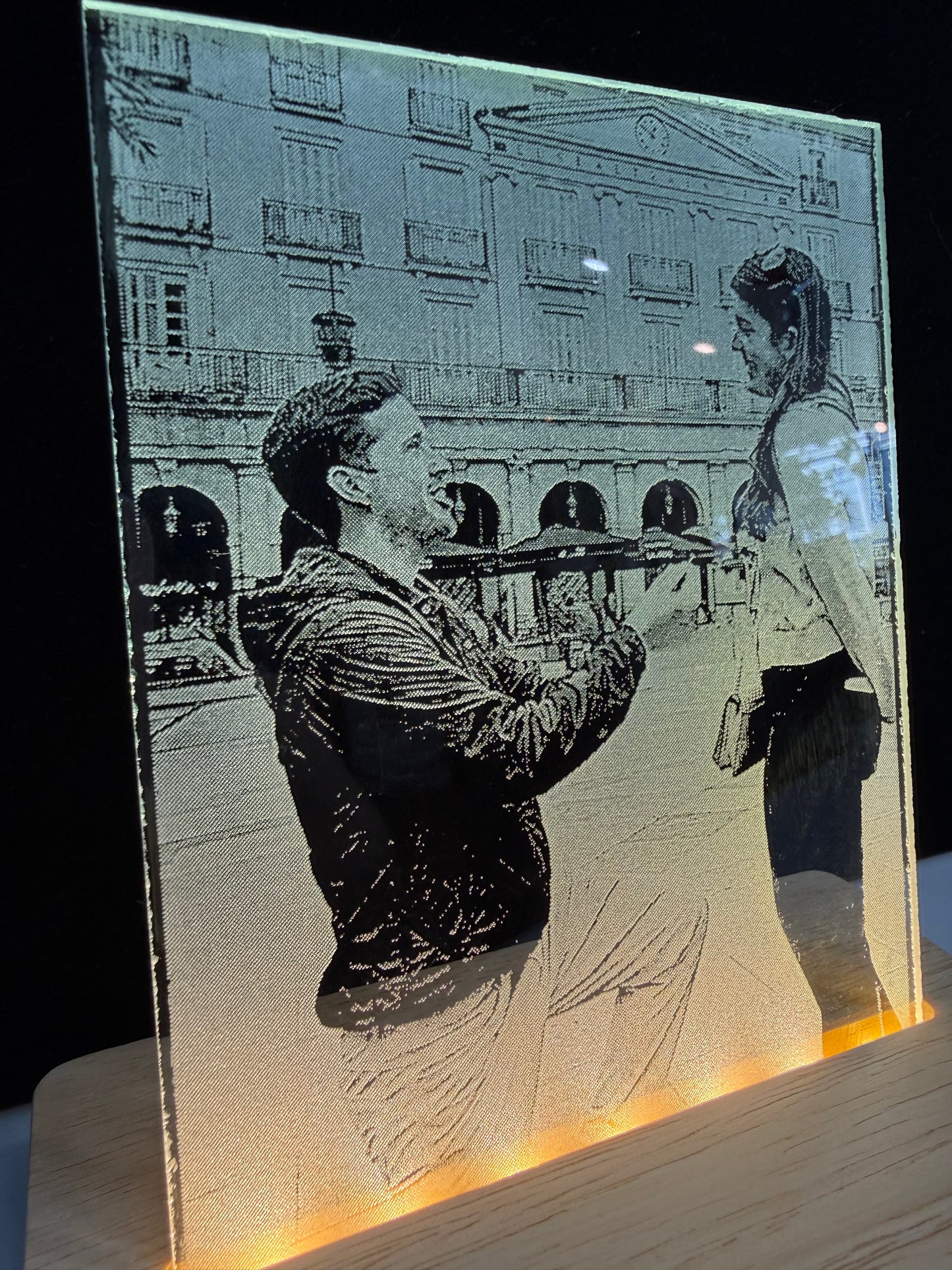 Personalized LED Lighted Photo Engraved Glass Plate with Wooden Base