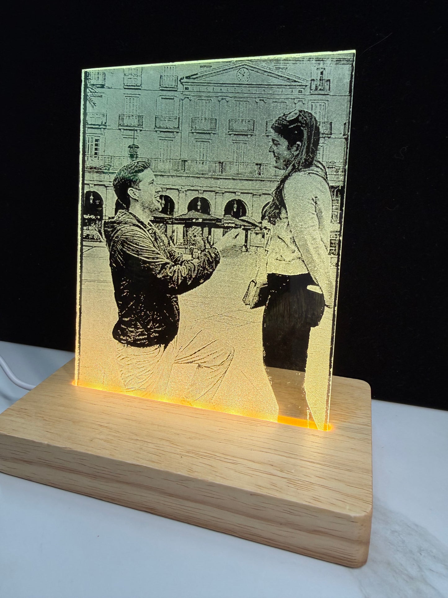 Personalized LED Lighted Photo Engraved Glass Plate with Wooden Base