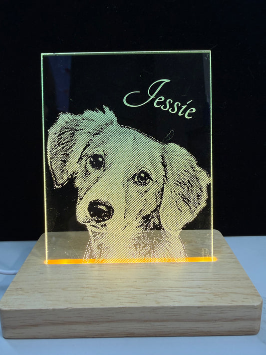 Personalized LED Lighted Photo Engraved Glass Plate with Wooden Base