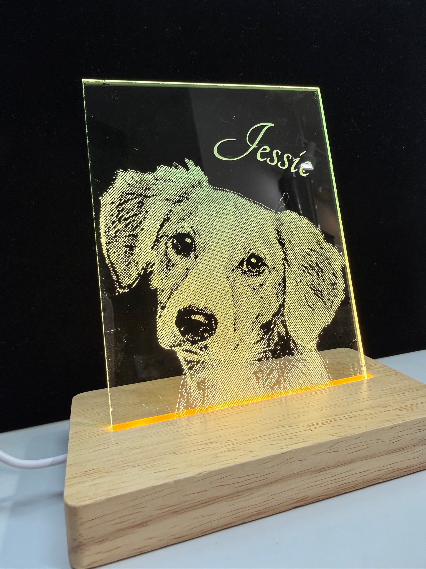 Personalized LED Lighted Photo Engraved Glass Plate with Wooden Base