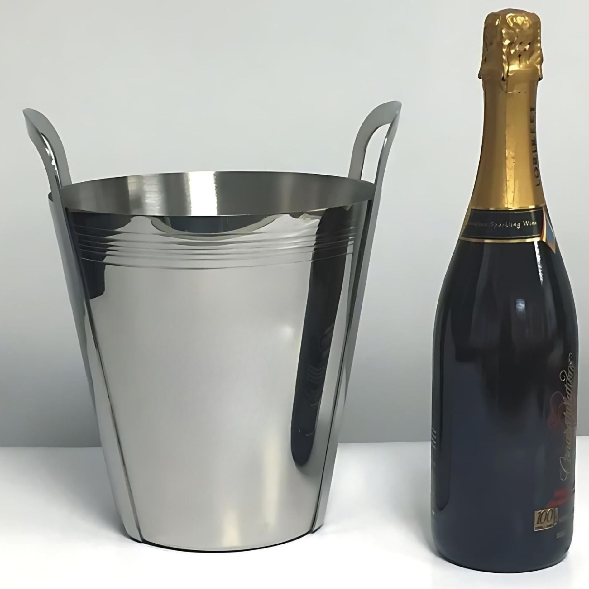 Stainless Steel Ice Bucket next to Champagne Bottle