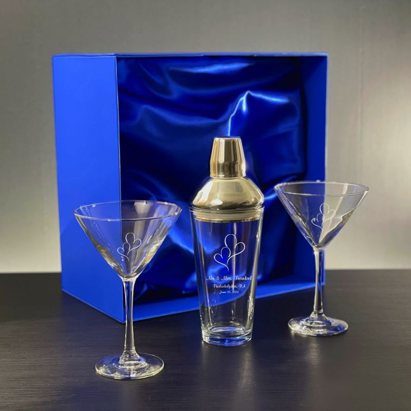 Engravable Jazz Glass Martini Shaker with 2 Stemmed Glasses in Blue Gift Box - Personalized Engraved Gifts