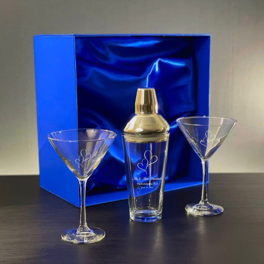 Engravable Jazz Glass Martini Shaker with 2 Stemmed Glasses in Blue Gift Box - Personalized Engraved Gifts