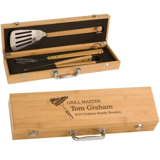 Laser Engraved Bamboo Barbecue Grill Master Gift Set - Personalized Engraved Gifts