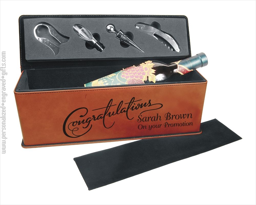 Custom Engraved Leatherette Wine Box with Tools ~ Brown Leatherette - Personalized Engraved Gifts