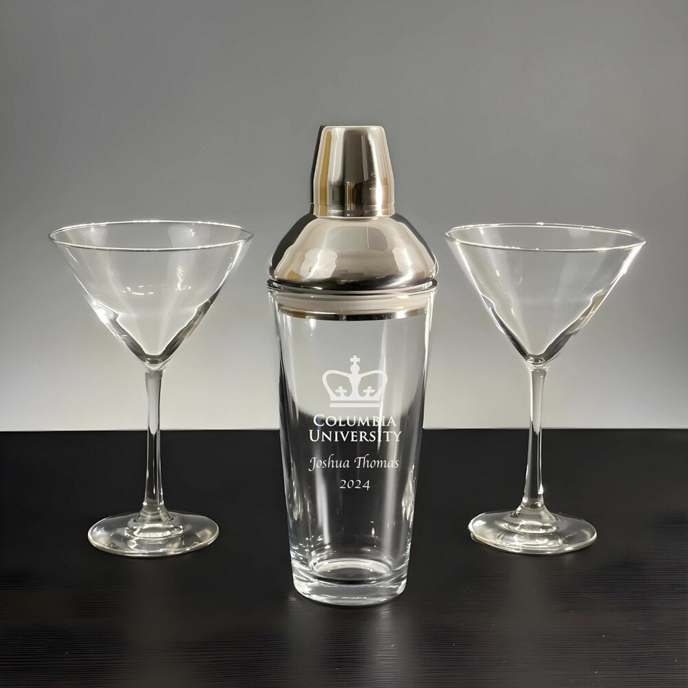 Engraved Jazz Glass Martini Shaker with 2 Personalized Stemmed Martini Glasses - Personalized Engraved Gifts