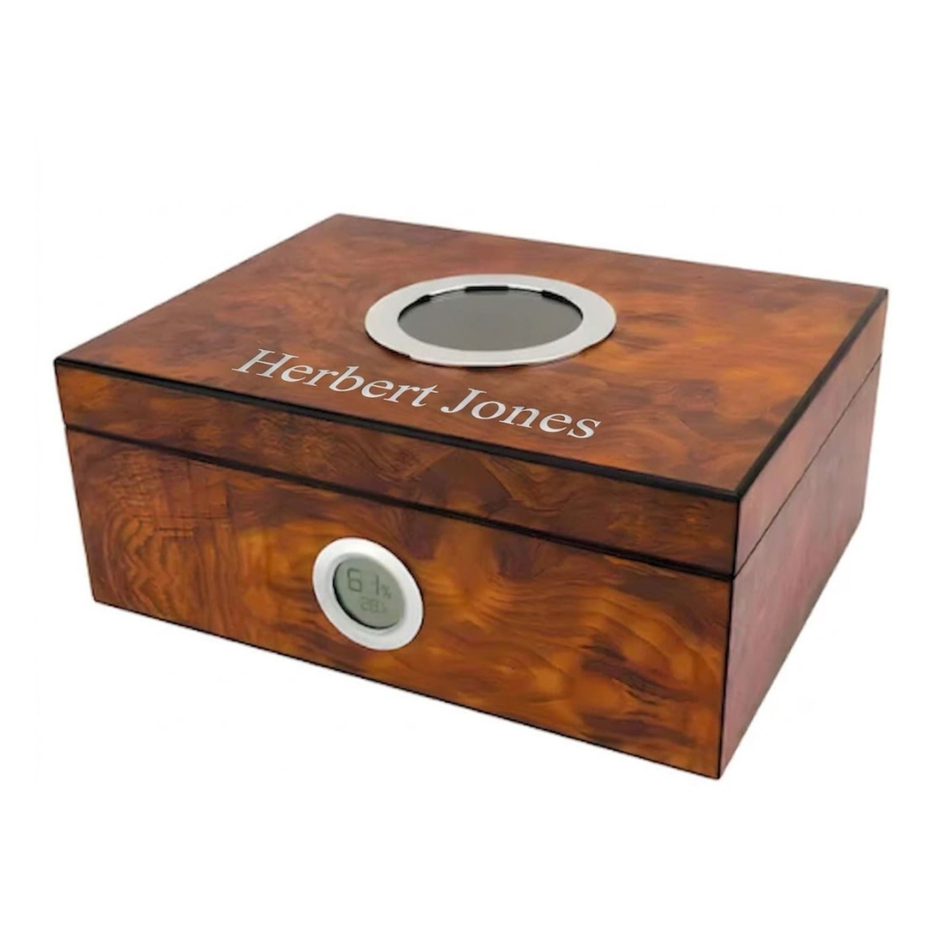 A personalized wooden humidor box with a rich brown wood grain finish, featuring a circular silver-tone humidifier on the front, a top lid opening with a humidifier, and the name 'Herbert Jones' engraved on the lid.