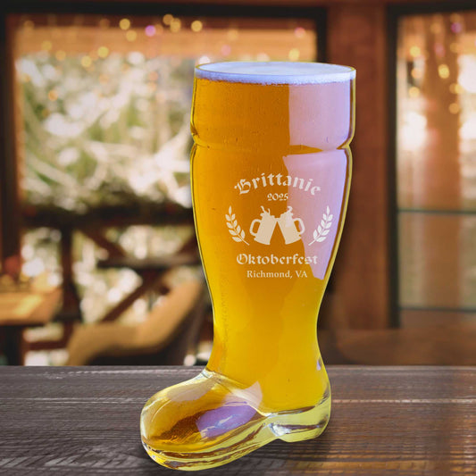 engraved glass beer boot with name and clipart
