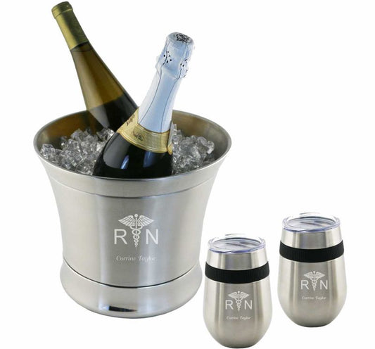 Engraved Stainless Steel Ice Bucket with 2 Stemless Wine Glasses - Personalized Engraved Gifts