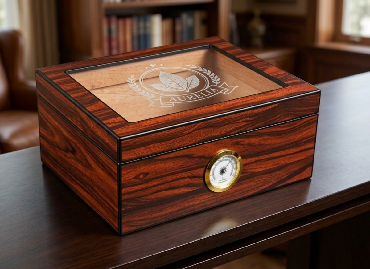 Personalized Matte-Finished Glass Top Cigar Humidor with Hygrometer ~ The Tyler