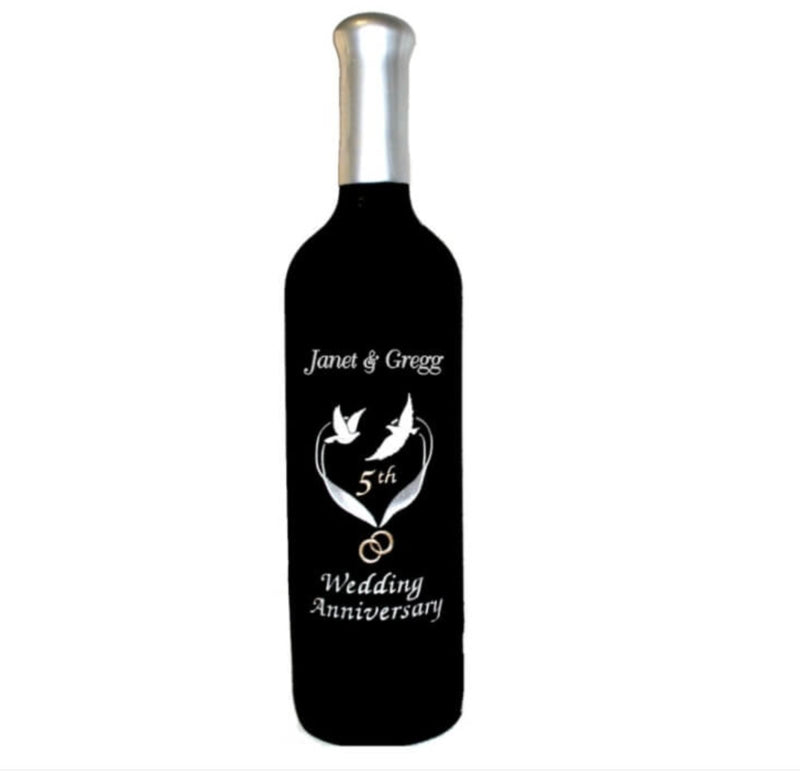 Deep Engraved Wine Bottle with Doves, Ribbons, & Rings - Personalized Engraved Gifts