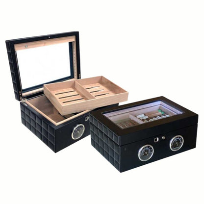 Personalized Black Leatherette with White Stitching and Glass Top Humidor Langston - Personalized Engraved Gifts