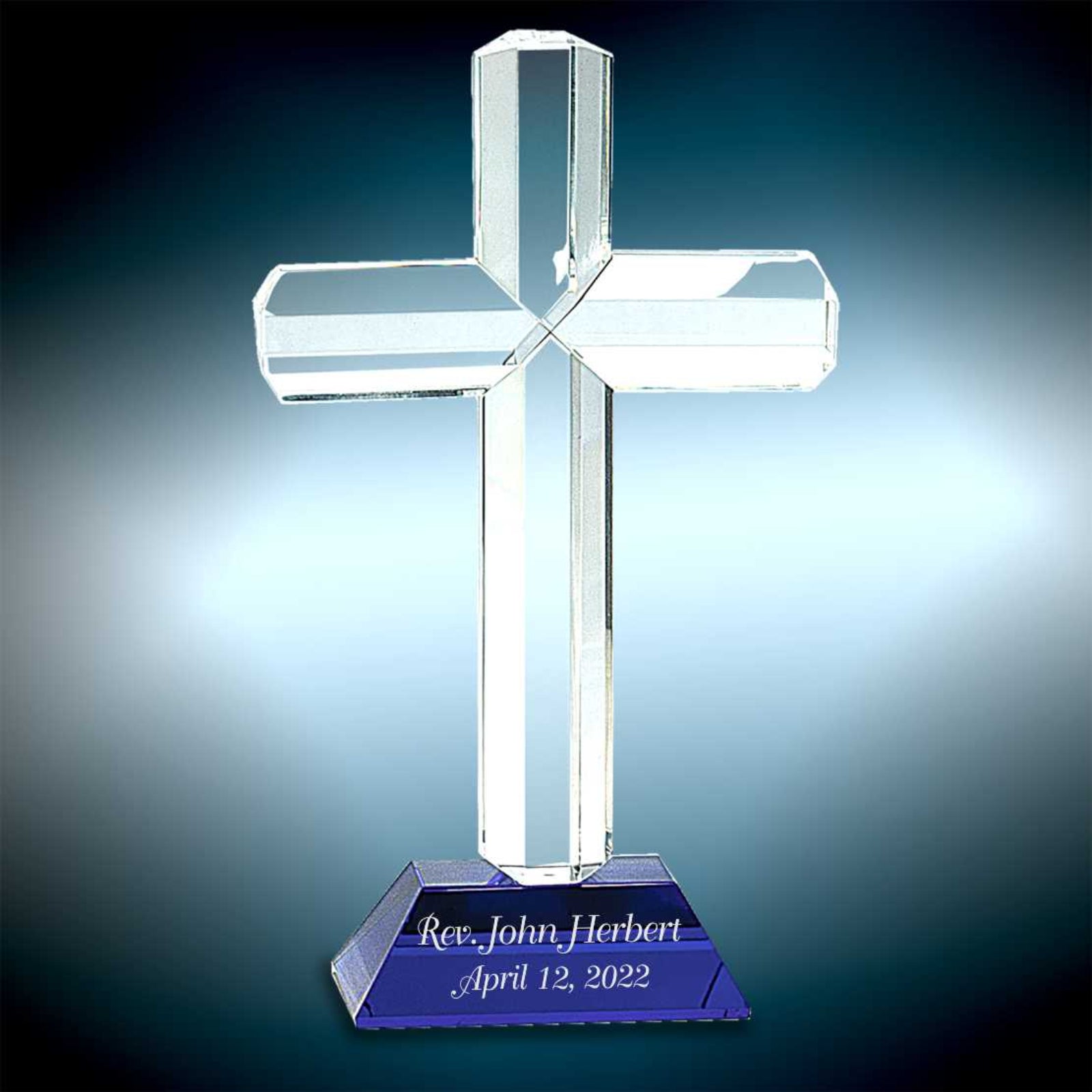 Engraved Crystal Cross on Blue Base - Personalized Engraved Gifts