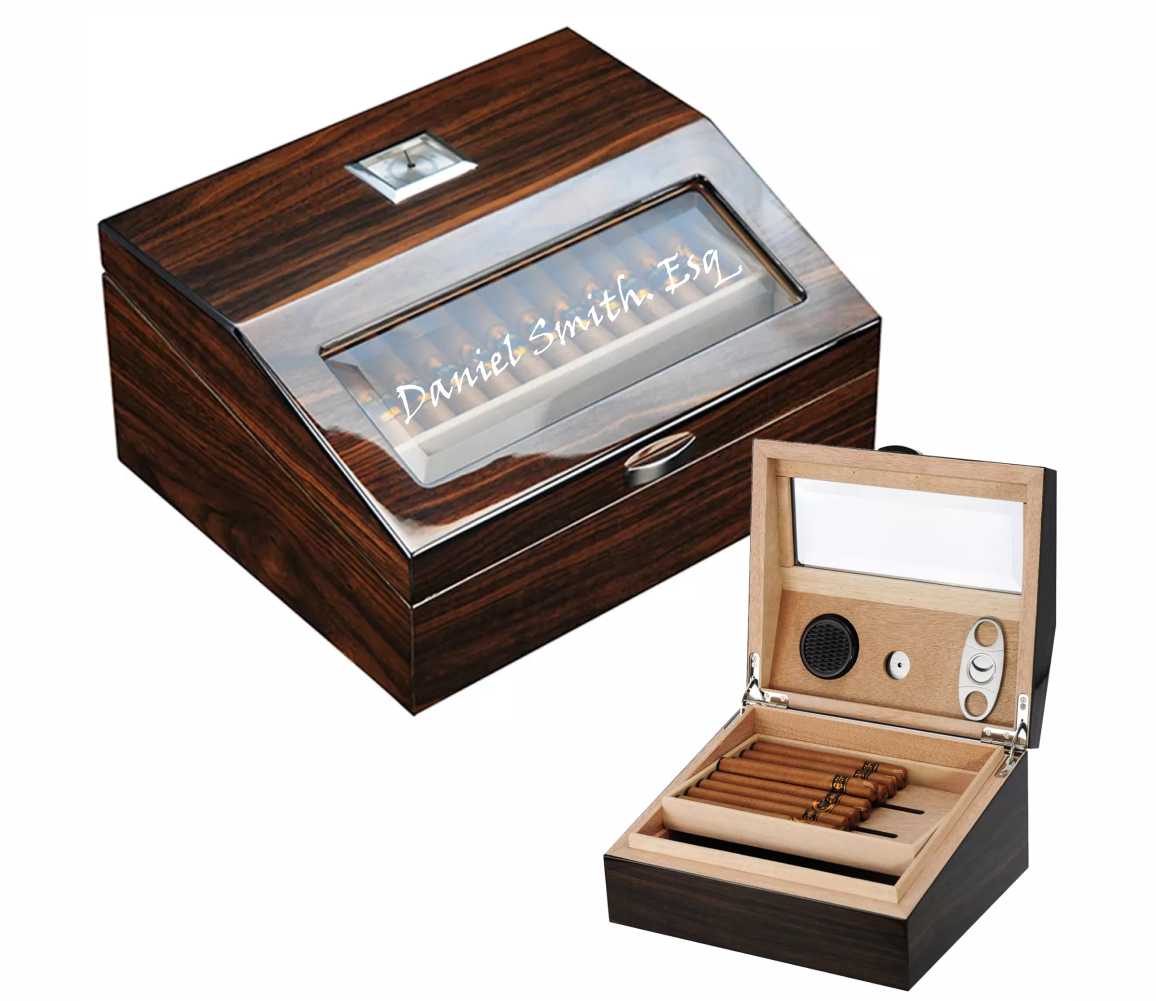 Custom Engraved Walnut Finished Humidor with Glass Top, The Toro ...