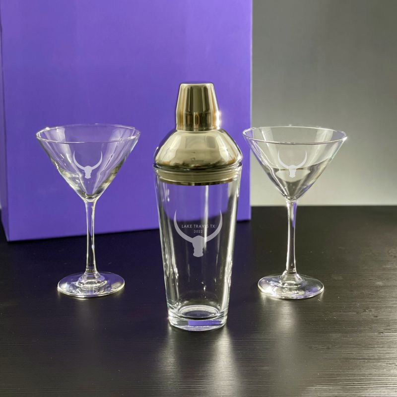 Engraved Jazz Glass Cocktail Shaker with 2 Stemmed Martini Glasses Purple Box Gift Set - Personalized Engraved Gifts