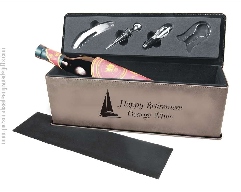 Laser Engraved Wine Gift Box with Tools ~ Gray Leatherette - Personalized Engraved Gifts